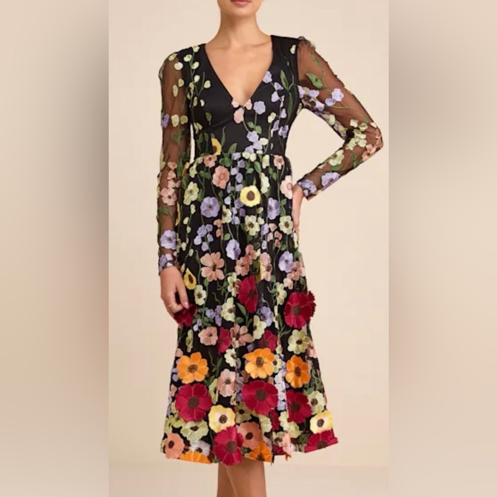 NWT Lulus Impressive Blossom Black 3D Floral Embroidered V-Neck Dress